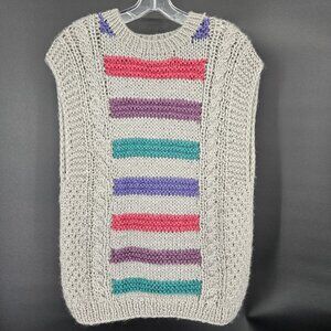 Vintage Essentials by Palmettos Sweater Vest Womens Large Gray Hand Knit Striped